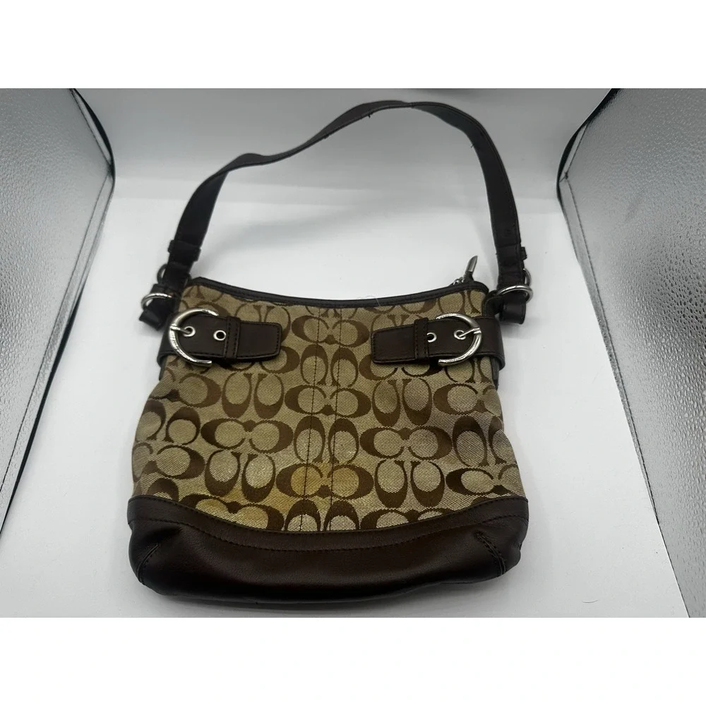 Coach Signature Soho Hobo Shoulder Bag Brown Khaki Canvas Leather Buckle Trim 14
